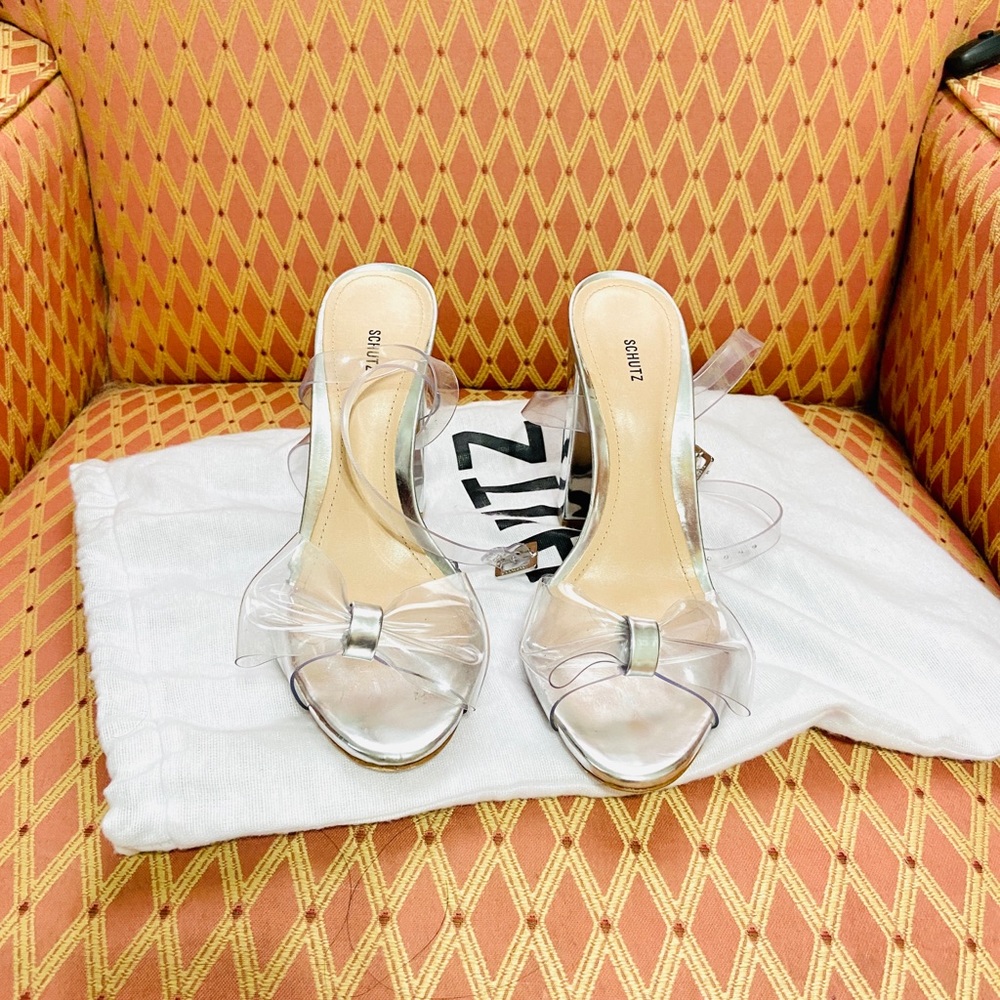 SCHUTZ Transparent Ankle Strap High Heels with bow